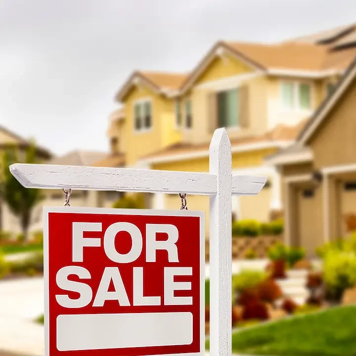 image of a 'fo sale' board with blurred houses in background